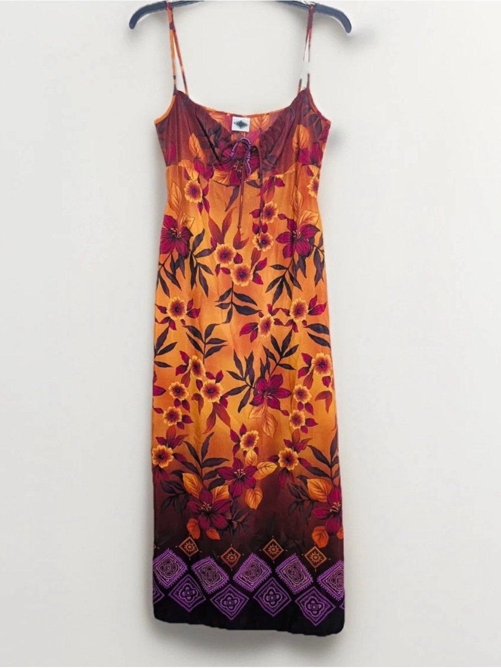 Floral Sunburst Midi Slip Dress - Orange & Burgundy
